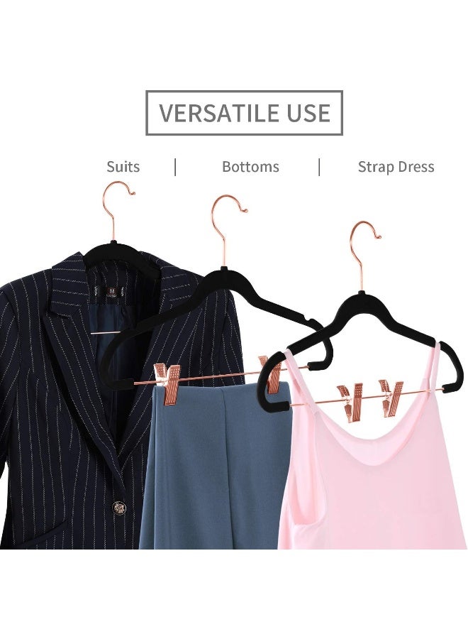MIZGI Premium Velvet Pants Hangers with Clips (Pack of 20) Slim Skirt Hangers- Non Slip Felt Outfit Dress Hangers Black - Copper/Rose Gold Hooks, Space Saving Shirt Clothes Hangers - Image 4