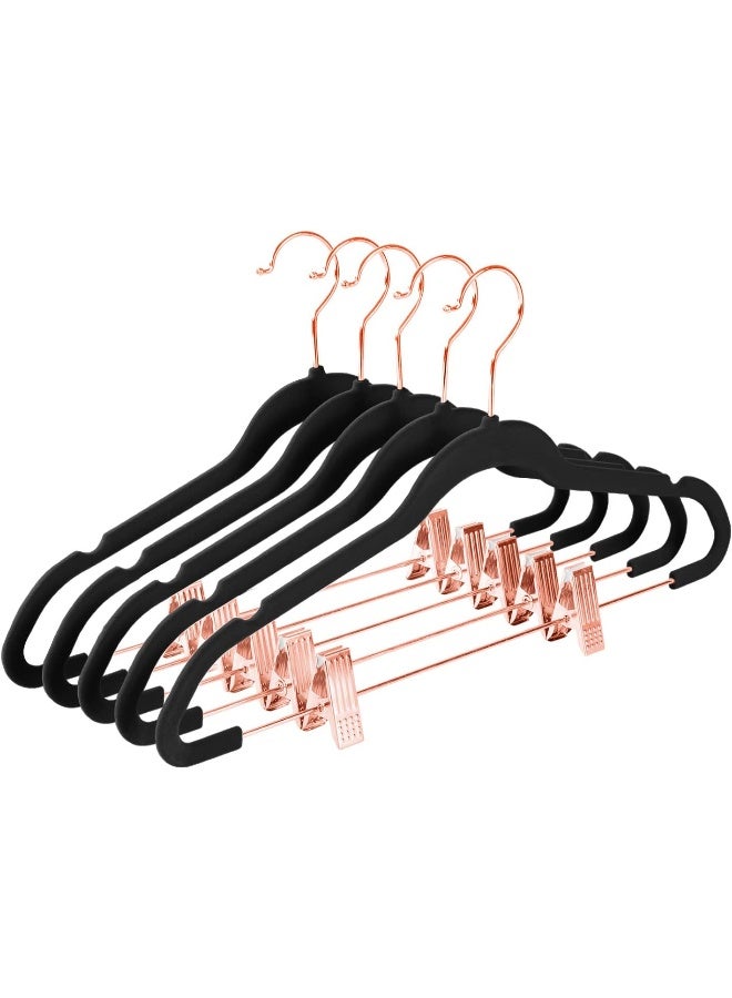 MIZGI Premium Velvet Pants Hangers with Clips (Pack of 20) Slim Skirt Hangers- Non Slip Felt Outfit Dress Hangers Black - Copper/Rose Gold Hooks, Space Saving Shirt Clothes Hangers - Image 1