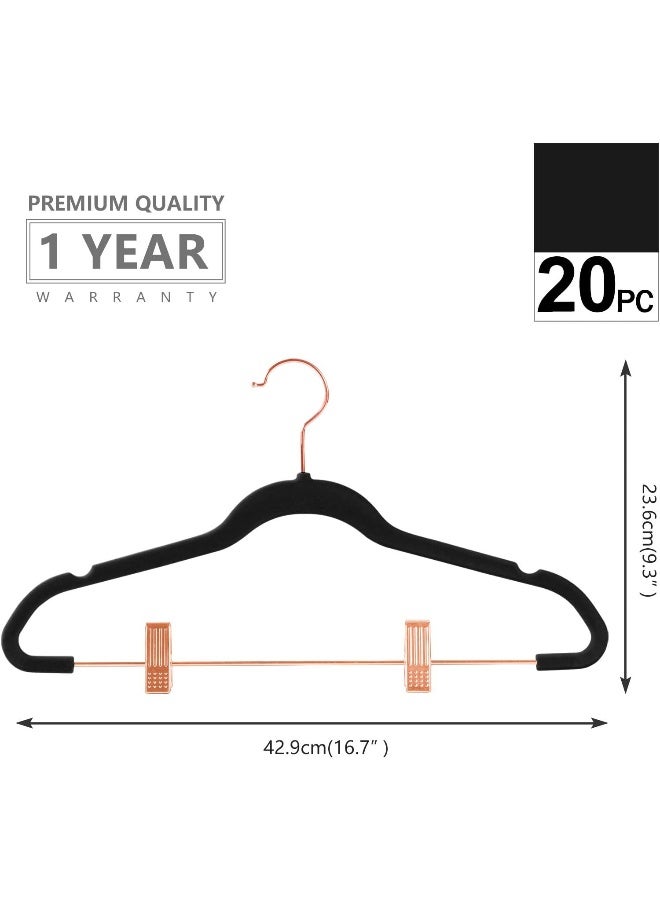 MIZGI Premium Velvet Pants Hangers with Clips (Pack of 20) Slim Skirt Hangers- Non Slip Felt Outfit Dress Hangers Black - Copper/Rose Gold Hooks, Space Saving Shirt Clothes Hangers - Image 2