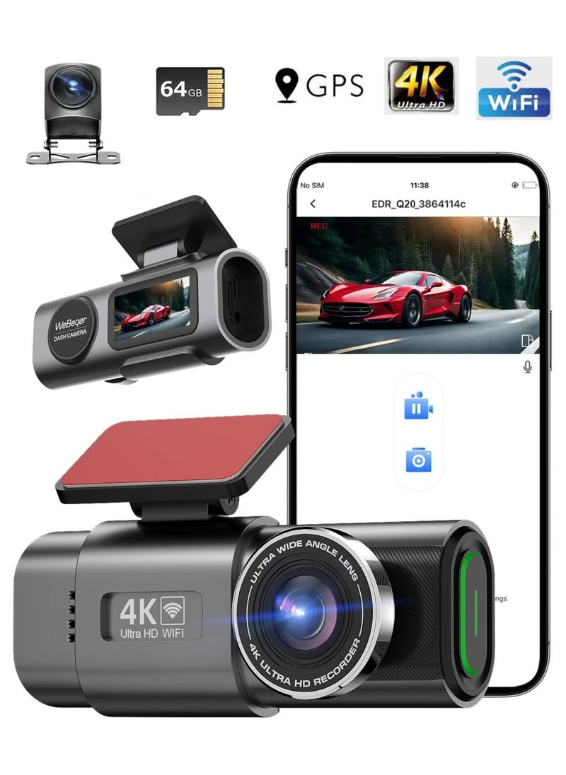 إم إس إم آر واي فاي GPS المقتفي كاميرا داش كام أمامية وخلفية مع واي فاي، 4K / 1080P، 1.47 بوصة كاميرا داش صغيرة للسيارات، UHD 2160p تسجيل كاميرا DVR للسيارة، رؤية ليلية، مراقبة وقوف السيارات  - Image 1