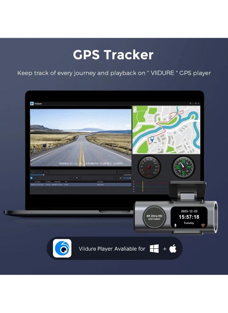إم إس إم آر واي فاي GPS المقتفي كاميرا داش كام أمامية وخلفية مع واي فاي، 4K / 1080P، 1.47 بوصة كاميرا داش صغيرة للسيارات، UHD 2160p تسجيل كاميرا DVR للسيارة، رؤية ليلية، مراقبة وقوف السيارات  - Image 2