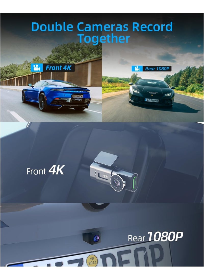 إم إس إم آر واي فاي GPS المقتفي كاميرا داش كام أمامية وخلفية مع واي فاي، 4K / 1080P، 1.47 بوصة كاميرا داش صغيرة للسيارات، UHD 2160p تسجيل كاميرا DVR للسيارة، رؤية ليلية، مراقبة وقوف السيارات  - Image 4