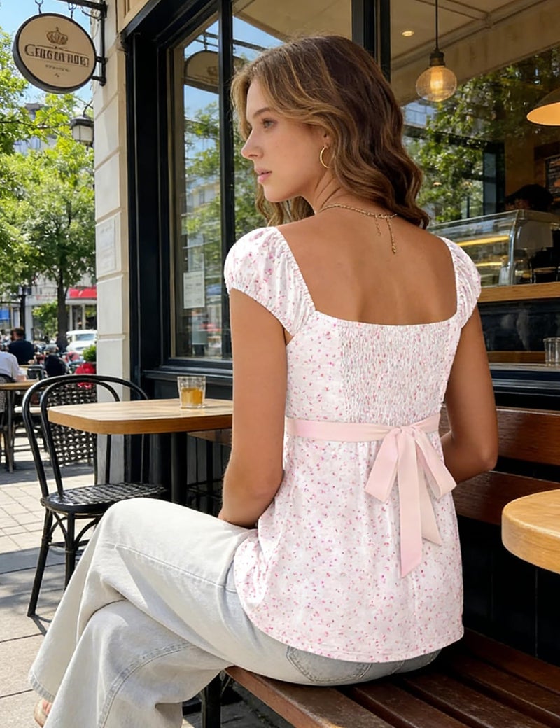 Rapbin Babydoll Tops for Women 2026 Summer Fashion Y2k Square Neck Pleated Tank Top Short Sleeve Tie Flared Hem Babydoll Shirt (Pink Floral, M) - Image 3