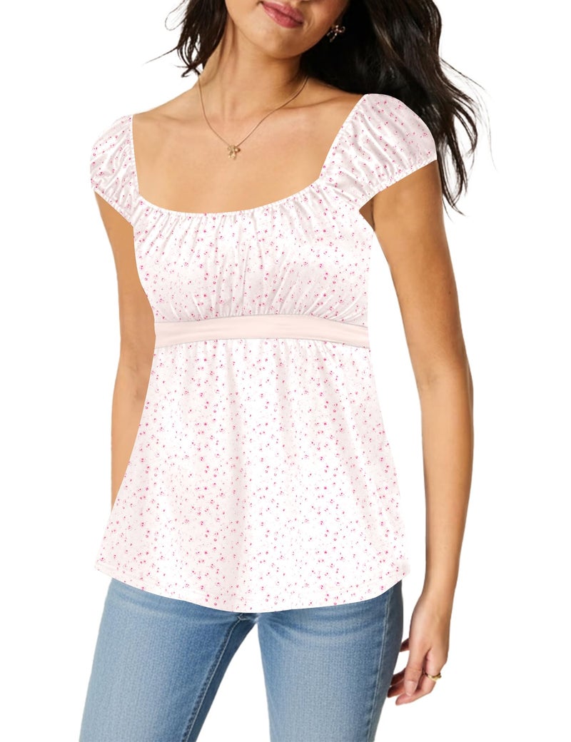 Rapbin Babydoll Tops for Women 2026 Summer Fashion Y2k Square Neck Pleated Tank Top Short Sleeve Tie Flared Hem Babydoll Shirt (Pink Floral, M) - Image 1