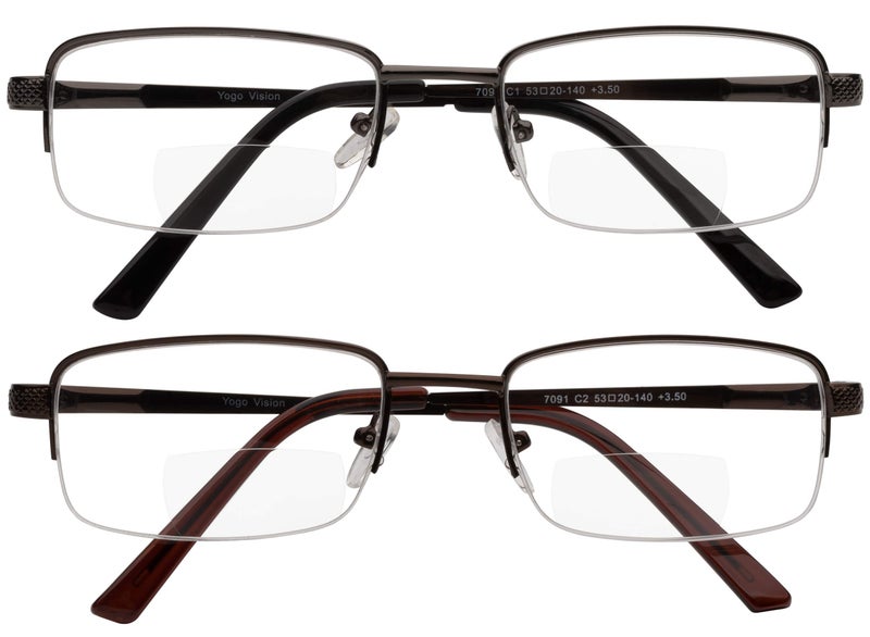 Yogo Vision Reading Glasses Set of 2 Bifocal Half Rim Metal Glasses for Reading Quality Spring Hinge Readers Men and Women +4 - Image 2