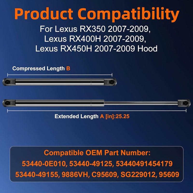 Euplokeer Qty (2) 53440-49125 Front Hood Gas Shock Strut for Lexus RX330 2004-2006 W/O Bracket, RX350 2007-2009 USA Built Only, Bonnet Strut Lift Support Spring for Lexus RX400H 2006-2008 - Image 2