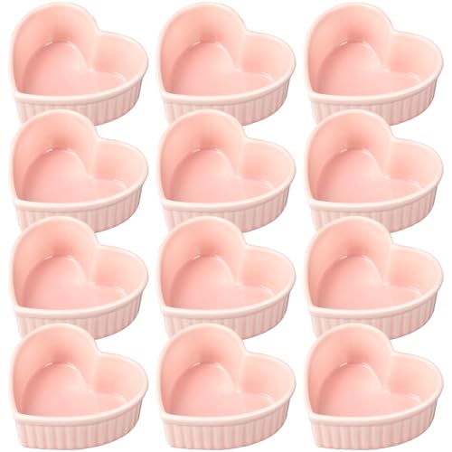 ywmigl 12 Pcs Heart Shaped Ceramic Ramekins Small Dessert Bowls 6 oz Oven Safe Ceramic Dish Dip Bowl Seasoning for Valentine's Day Serving Sauce Snack Baking Brulee Pudding (Pink) - Image 1