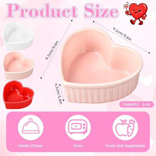ywmigl 12 Pcs Heart Shaped Ceramic Ramekins Small Dessert Bowls 6 oz Oven Safe Ceramic Dish Dip Bowl Seasoning for Valentine's Day Serving Sauce Snack Baking Brulee Pudding (Pink) - Image 2