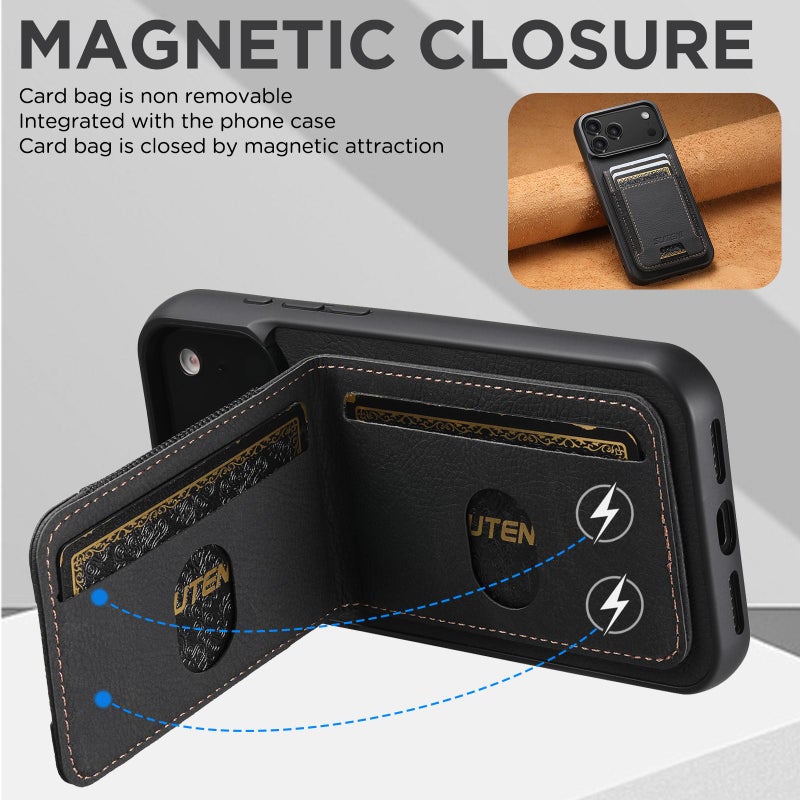 Suteni For Iphone 17 Pro H03 Litchi Leather Card Bag Stand Back Phone Case(Black) - Image 4