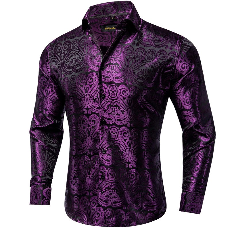 DiBanGu Mens Silk Paisley Dress Shirts,Long Sleeve Button Down Shirt Casual Regular Fit Shirt for Men Wedding Party, Plum Purple, X-Large - Image 1