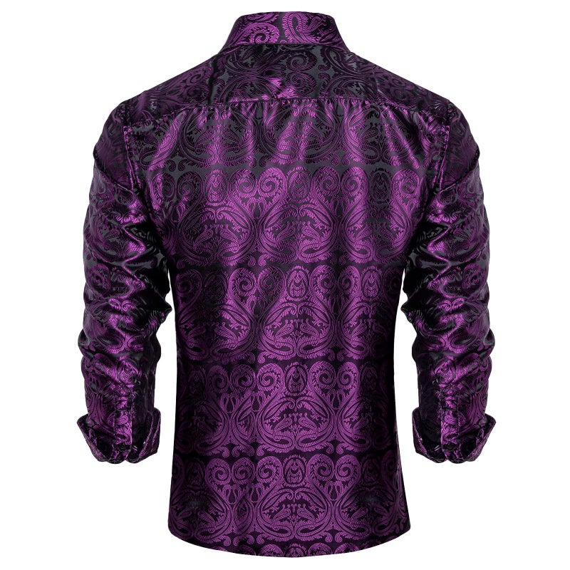 DiBanGu Mens Silk Paisley Dress Shirts,Long Sleeve Button Down Shirt Casual Regular Fit Shirt for Men Wedding Party, Plum Purple, X-Large - Image 3