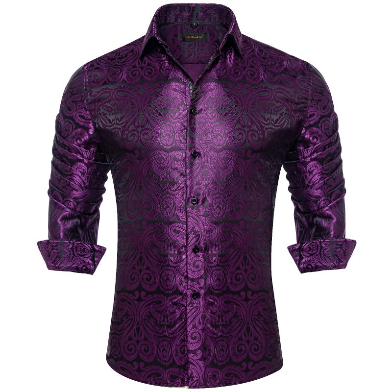 DiBanGu Mens Silk Paisley Dress Shirts,Long Sleeve Button Down Shirt Casual Regular Fit Shirt for Men Wedding Party, Plum Purple, X-Large - Image 2