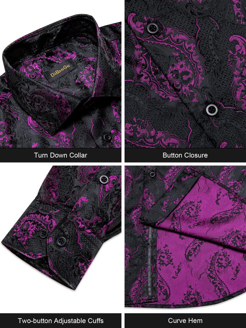 DiBanGu Mens Silk Paisley Dress Shirts,Long Sleeve Button Down Shirt Casual Regular Fit Shirt for Men Wedding Party, Plum Purple, X-Large - Image 4