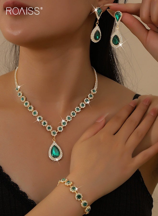 roaiss Crystal Bridal Wedding Jewelry Set, Sparkle Gold and Green Crystal Earrings Necklace Bracelet Jewelry Set, Crystal Formal Costume Jewelry Sets for Brides Women - Image 1