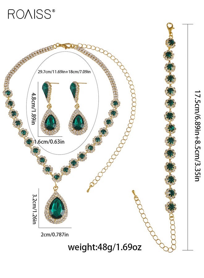 roaiss Crystal Bridal Wedding Jewelry Set, Sparkle Gold and Green Crystal Earrings Necklace Bracelet Jewelry Set, Crystal Formal Costume Jewelry Sets for Brides Women - Image 2