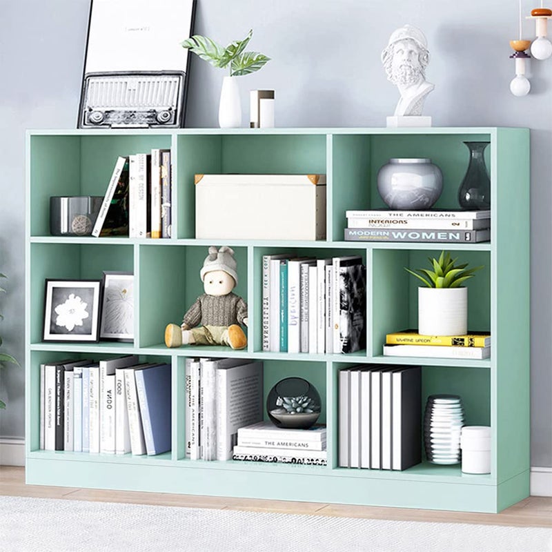 IOTXY IOTXY Open Shelf Low Bookcase  Wooden 3Tier Floor Standing Display Cabinet Organizer with Base 10 Cubes Short Horizontal Bookshelf in TiffanyGreen