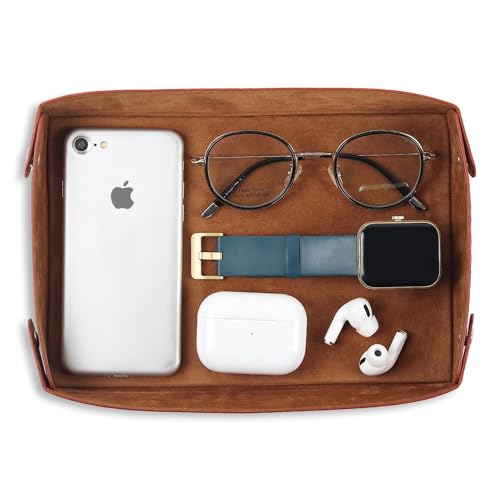 GadgetBite Valet Vegan Leather Rectangular Tray | Desk Tray Organiser | Mobile Organiser | Organiser for Office, Home, Living Room | Button Opening | Water Resistent-Tan - Image 1