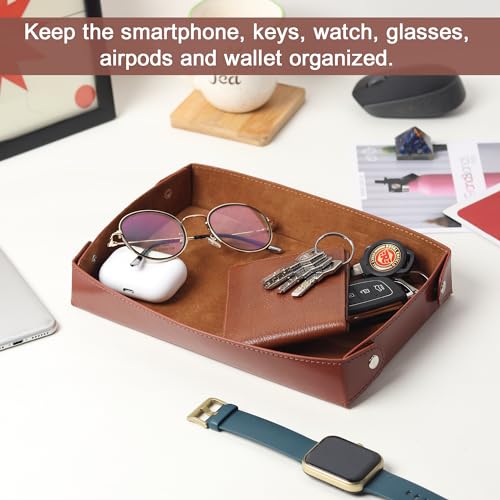 GadgetBite Valet Vegan Leather Rectangular Tray | Desk Tray Organiser | Mobile Organiser | Organiser for Office, Home, Living Room | Button Opening | Water Resistent-Tan - Image 5