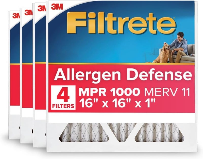 FILTRETE 16x16x1 AC Furnace Air Filter, MERV 11, MPR 1000, Micro Allergen Defense, 3-Month Pleated 1-Inch Electrostatic Air Cleaning Filter, 4 Pack (Actual Size 15.81 x 15.81 x 0.81 in) - Image 1