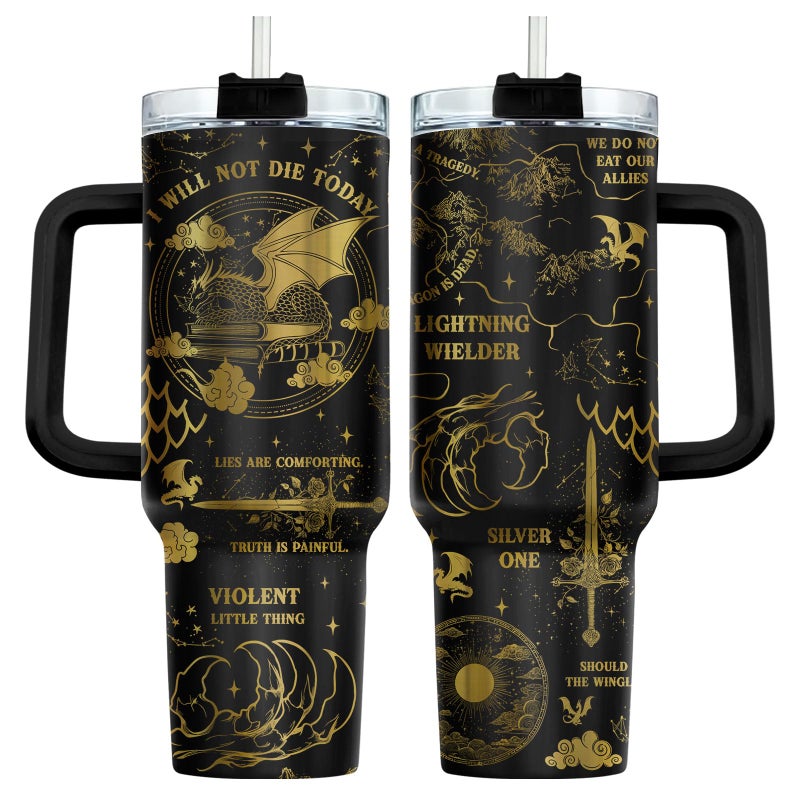 34HD Dragon Wings Book Tumbler 40 oz with Handle and Straw, Violent Little Thing Dragons Vacuum Insulated Travel Coffee Mug, Bookish Items to Men & Women, Birthday Gifts for Book Lovers and Readers - Image 1