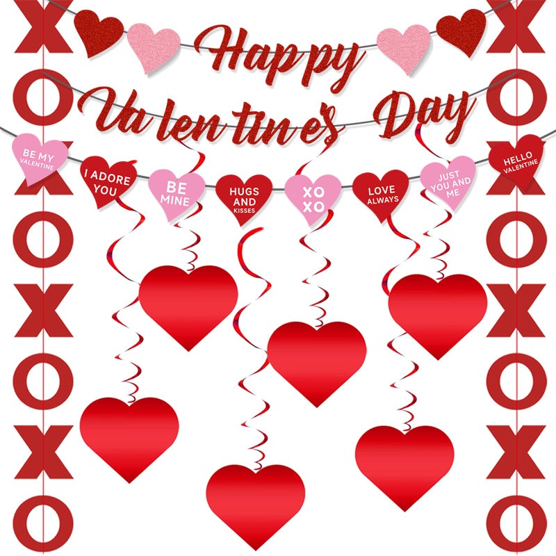 KFJBPB Valentines Day Decorations Set for Party, Happy Valentines Banner, XO Garlands, Hanging Swirls Heart Decor for Home Wedding Anniversary Party Supplies (Valentines) - Image 1