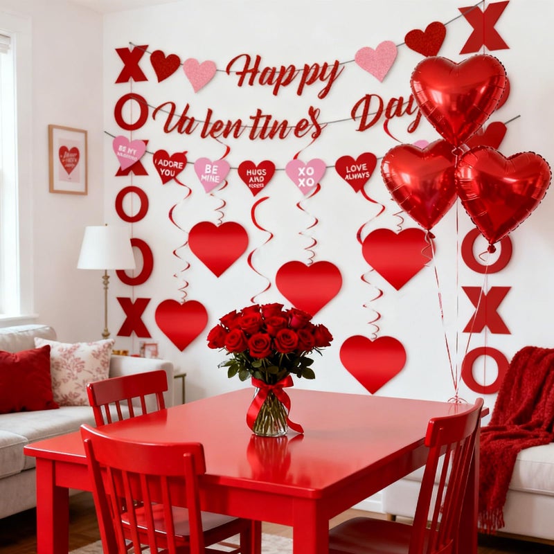 KFJBPB Valentines Day Decorations Set for Party, Happy Valentines Banner, XO Garlands, Hanging Swirls Heart Decor for Home Wedding Anniversary Party Supplies (Valentines) - Image 5