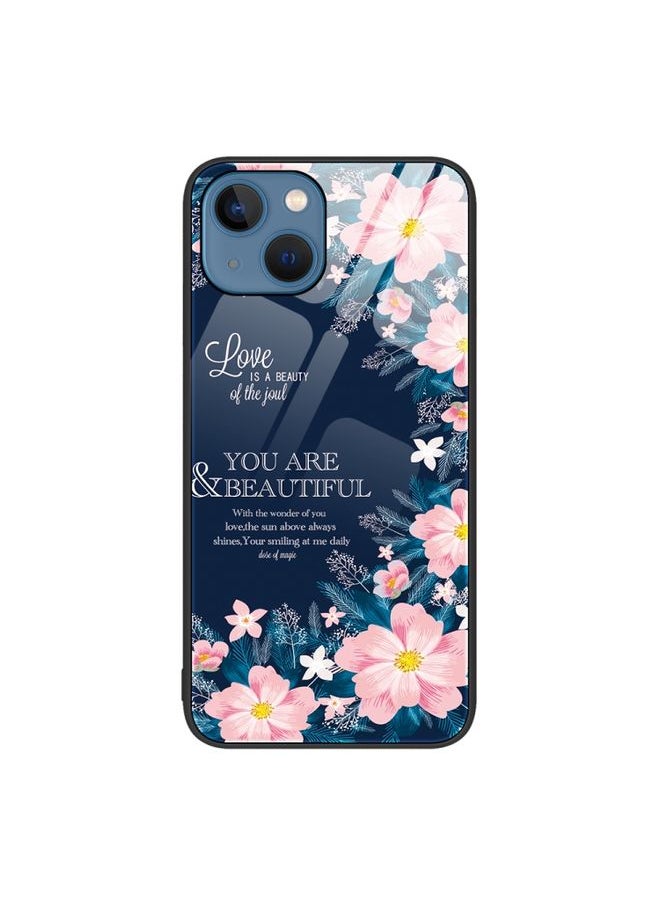 Generic Case Cover For iPhone 13 Colorful Painted Glass Phone Case Flower 