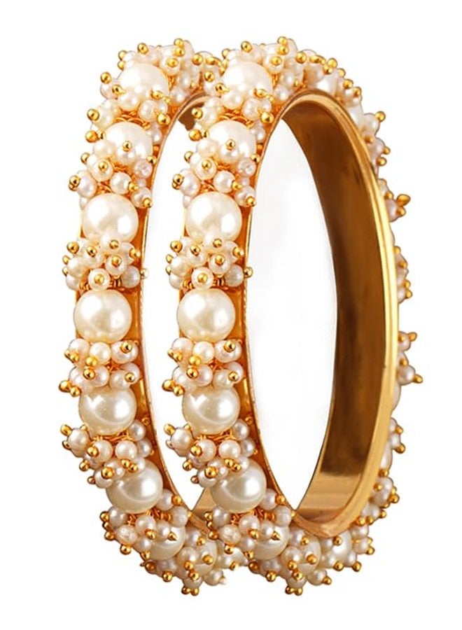 JFL - Jewellery for Less Latest Gold Plated Cluster Pearl and White Color Beads Bangle Set (set of 2). For Women - Image 1