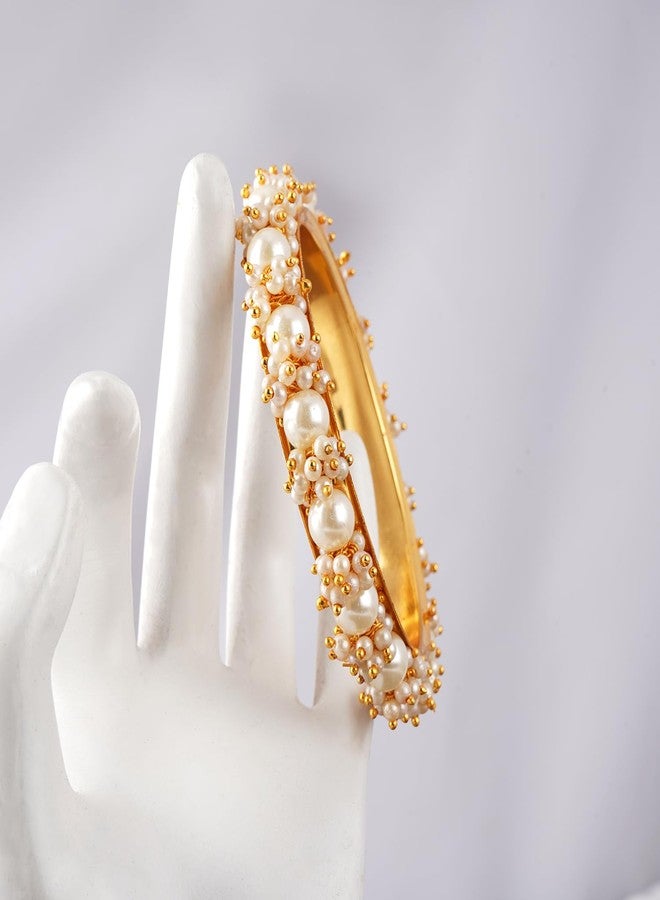 JFL - Jewellery for Less Latest Gold Plated Cluster Pearl and White Color Beads Bangle Set (set of 2). For Women - Image 5