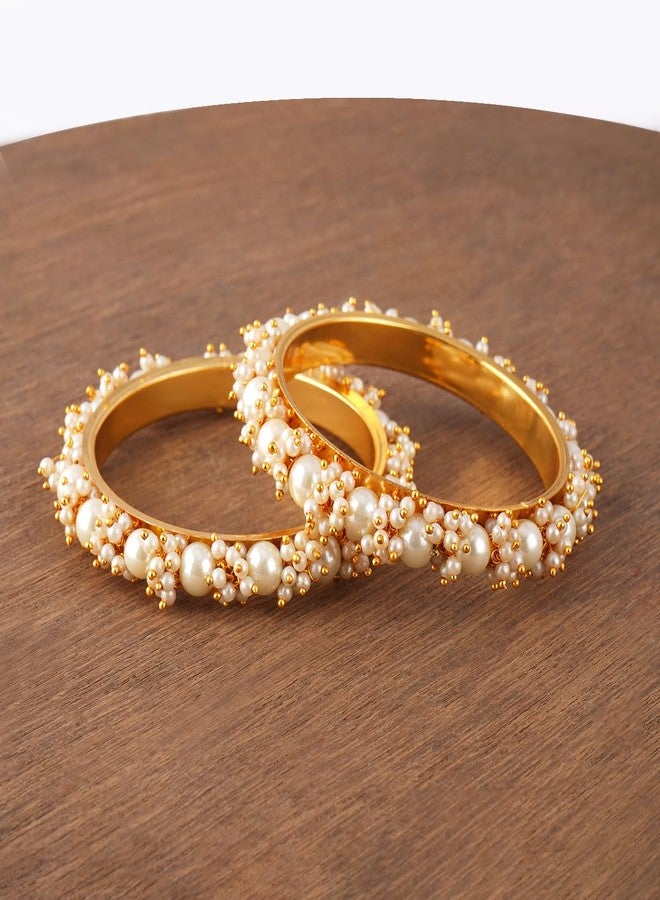 JFL - Jewellery for Less Latest Gold Plated Cluster Pearl and White Color Beads Bangle Set (set of 2). For Women - Image 2