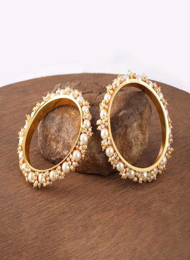 JFL - Jewellery for Less Latest Gold Plated Cluster Pearl and White Color Beads Bangle Set (set of 2). For Women - Image 4