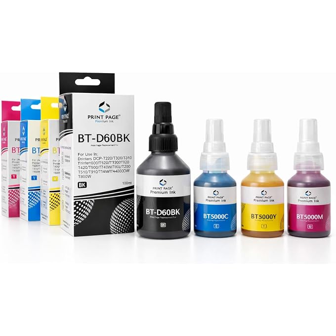 BT-D60BK & BT5000 (C/Y/M) Refill Ink Compatible for Printers T220, T420, T520, T820, T920, T510, T910, T710, T4000W, T4500W, T300W, T800W (4 Color Combo) (Black - 105ml, C/Y/M - 50ml Each)