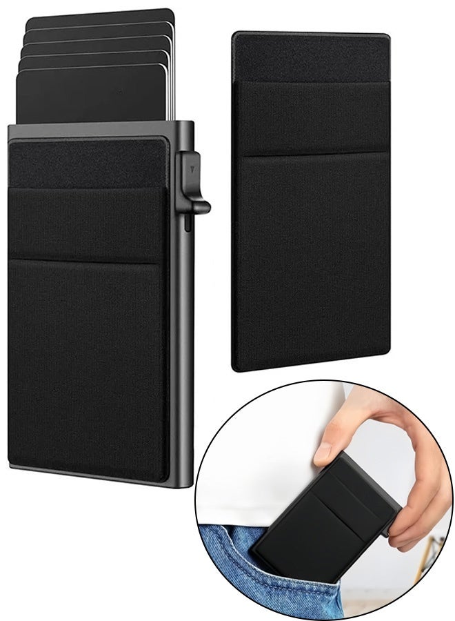 Black Slim Aluminum Metal Card Holder Minimalist Pop up Wallet for Men RFID Blocking Business Credit Card Wallet with Money Pocket Bank Card Case Black Design for Airtag Cash Coins Credit Cards Bills ID Lightweight and Durable - Image 1