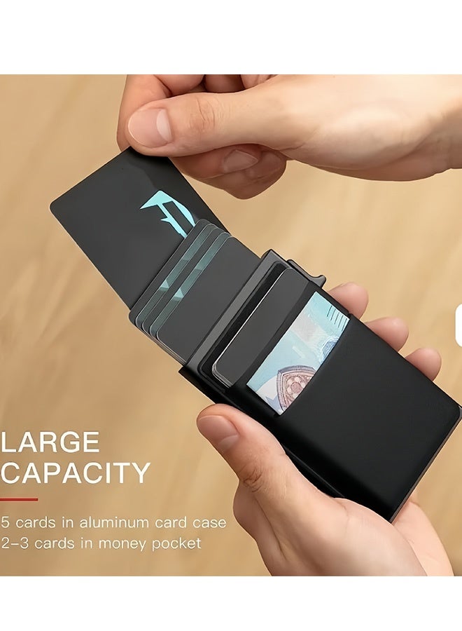Black Slim Aluminum Metal Card Holder Minimalist Pop up Wallet for Men RFID Blocking Business Credit Card Wallet with Money Pocket Bank Card Case Black Design for Airtag Cash Coins Credit Cards Bills ID Lightweight and Durable - Image 4