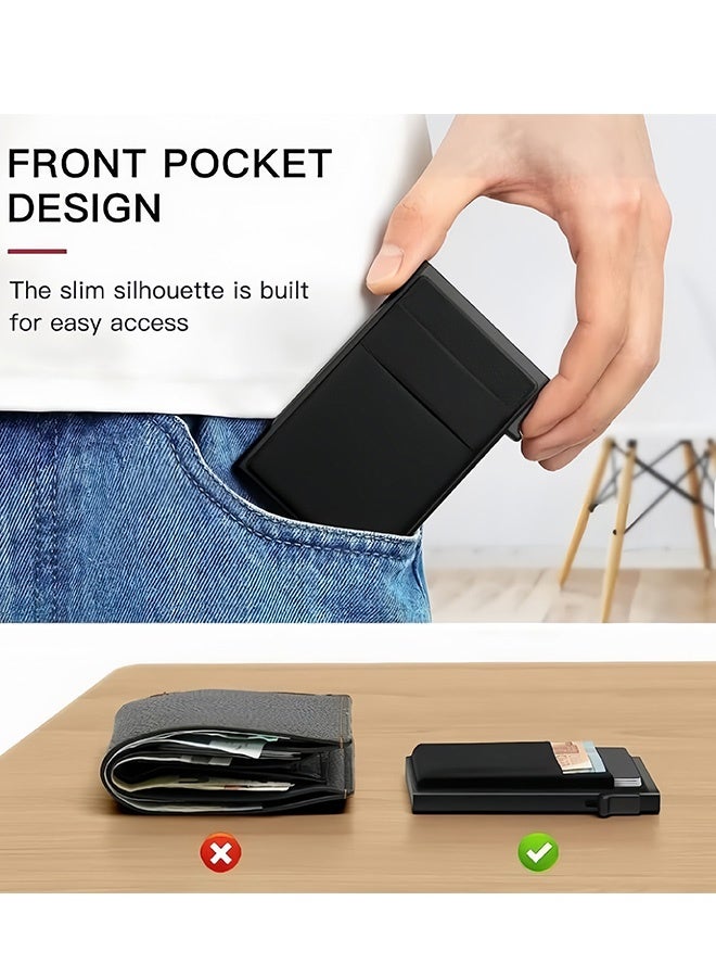 Black Slim Aluminum Metal Card Holder Minimalist Pop up Wallet for Men RFID Blocking Business Credit Card Wallet with Money Pocket Bank Card Case Black Design for Airtag Cash Coins Credit Cards Bills ID Lightweight and Durable - Image 5