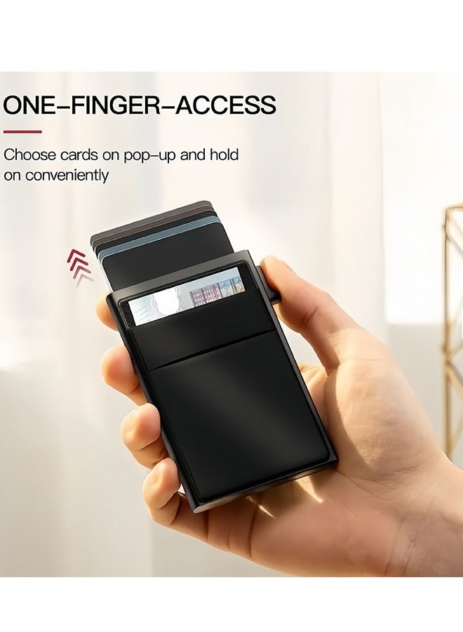 Black Slim Aluminum Metal Card Holder Minimalist Pop up Wallet for Men RFID Blocking Business Credit Card Wallet with Money Pocket Bank Card Case Black Design for Airtag Cash Coins Credit Cards Bills ID Lightweight and Durable - Image 3