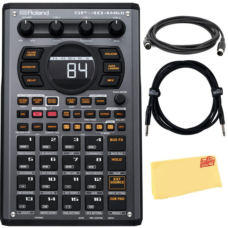 رولاند SP404MKII مجموعة العينة الإبداعية والمؤثر مع كابل MIDI وكابل الآلة وقماش تلميع أوستن بازار