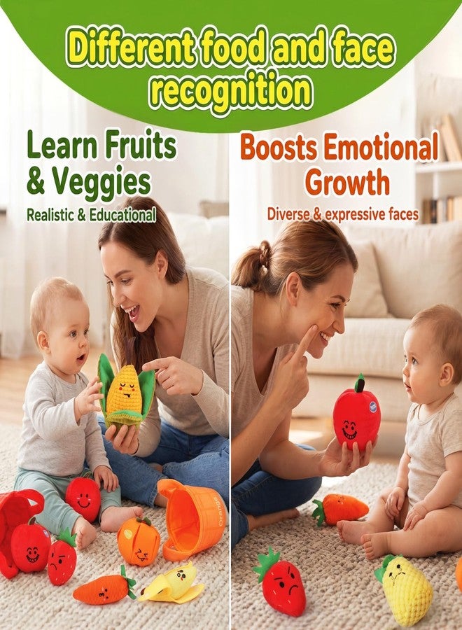 BoomCaCa Fruit Veggie Sensory Toys for Baby 6-12 Months - 16 Pcs Plush Sorting Set Perfect for Little Hands to Grasp With Cute Faces - Bright Color Food Crinkle & Rattle, Birthday Gifts for 1 Year Old Boy Girl - Image 3