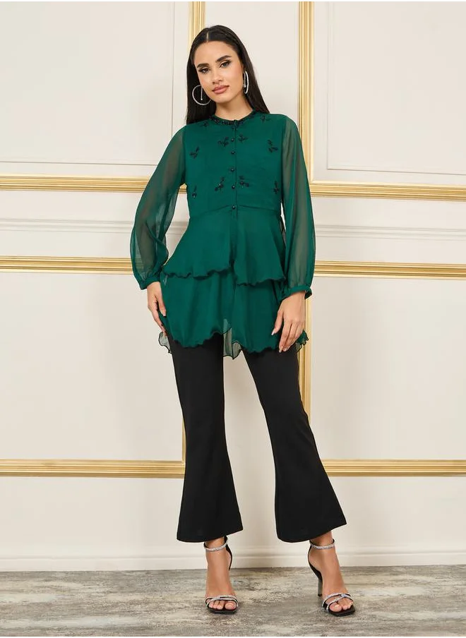 Styli Beaded Detail Layer Peplum Top and Solid Bootcut Co-ords