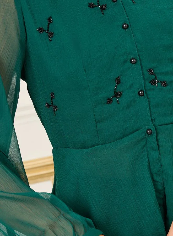 ستايلي Beaded Detail Layer Peplum Top and Solid Bootcut Co-ords