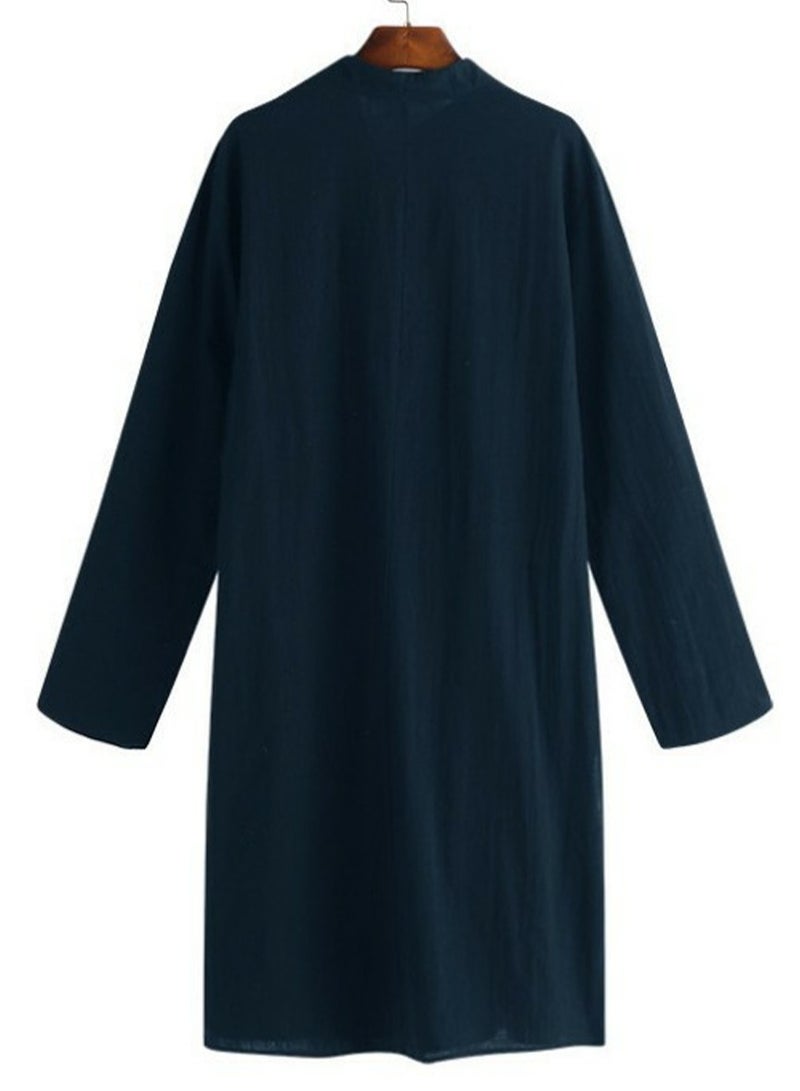 Men's Muslim Robe Thobe Solid Color Stand Collar Long Sleeve Kaftan Navy Blue - Image 2