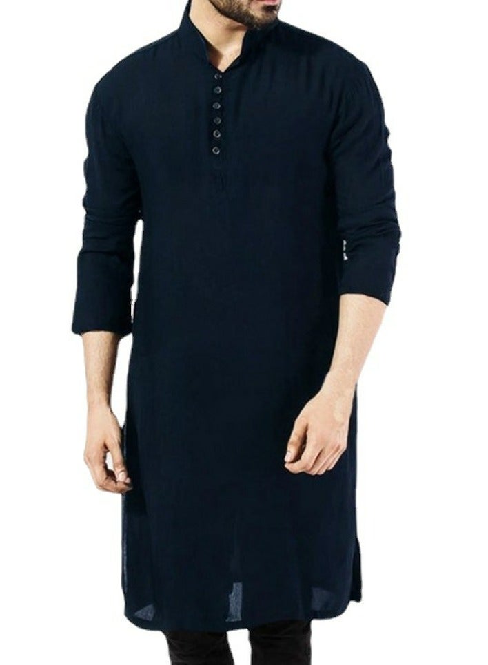Men's Muslim Robe Thobe Solid Color Stand Collar Long Sleeve Kaftan Navy Blue - Image 1