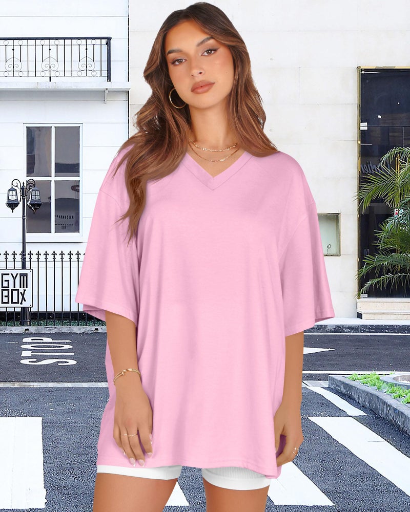 rosemia Oversized Tshirts for Women V Neck Short Sleeve Summer Casual Basic Loose Tops, Pure Pink, XL - Image 5