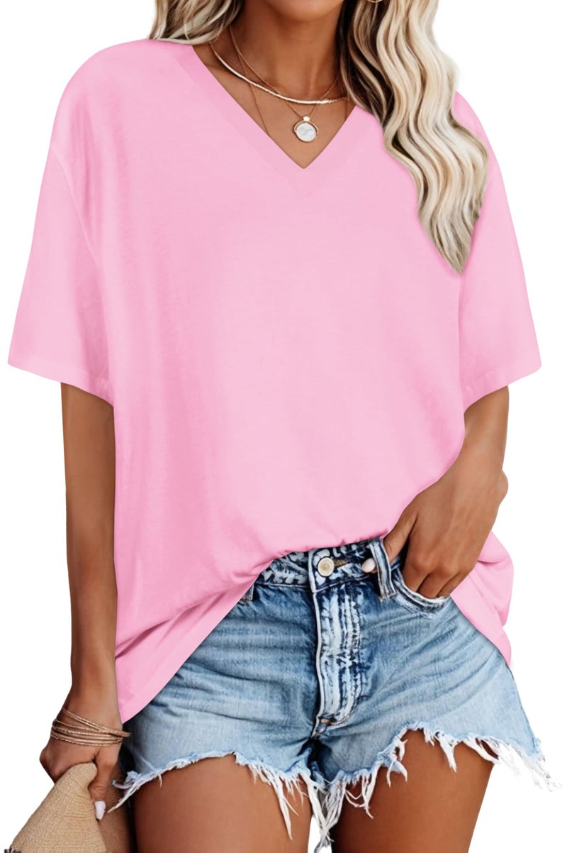 rosemia Oversized Tshirts for Women V Neck Short Sleeve Summer Casual Basic Loose Tops, Pure Pink, XL - Image 1