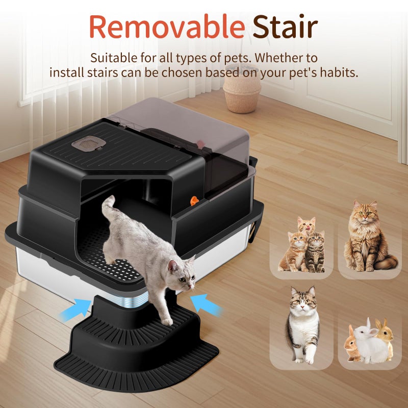 Bartuke XXXL Stainless Steel Litter Box, 28"x20"x18" Extra Large Fully Enclosed High Sided Metal Cat Litter Box with Filtered Grid, Step, Scoop, Non-Sticky, Non-Odor, Easy Cleaning (Black) - Image 4