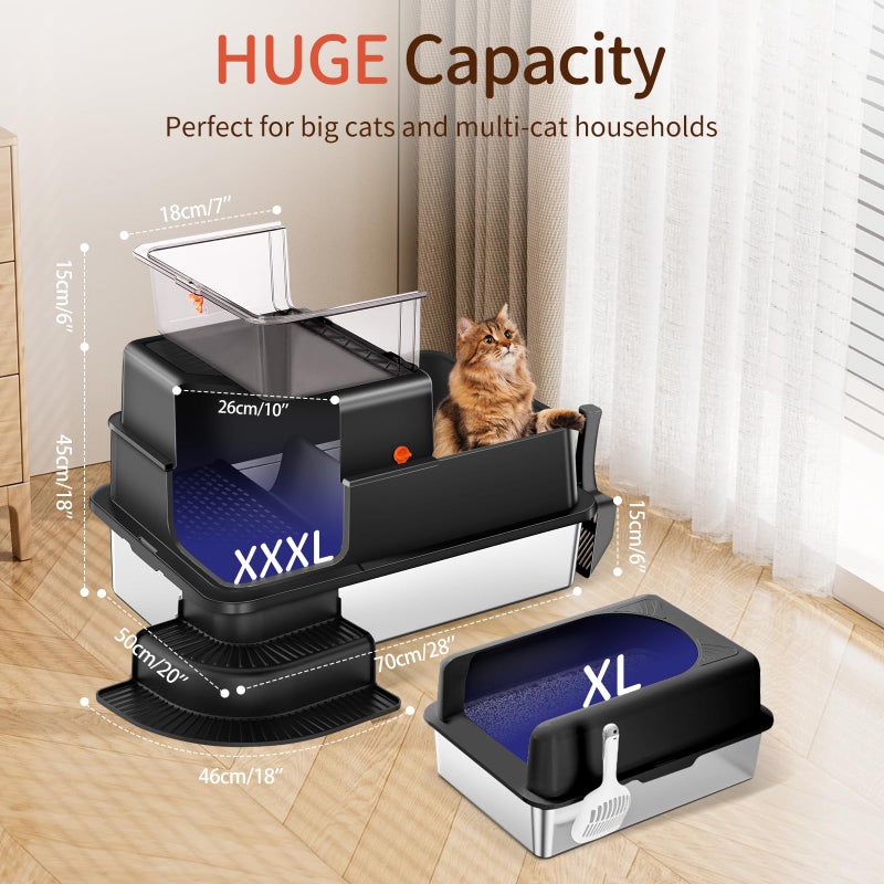 Bartuke XXXL Stainless Steel Litter Box, 28"x20"x18" Extra Large Fully Enclosed High Sided Metal Cat Litter Box with Filtered Grid, Step, Scoop, Non-Sticky, Non-Odor, Easy Cleaning (Black) - Image 2