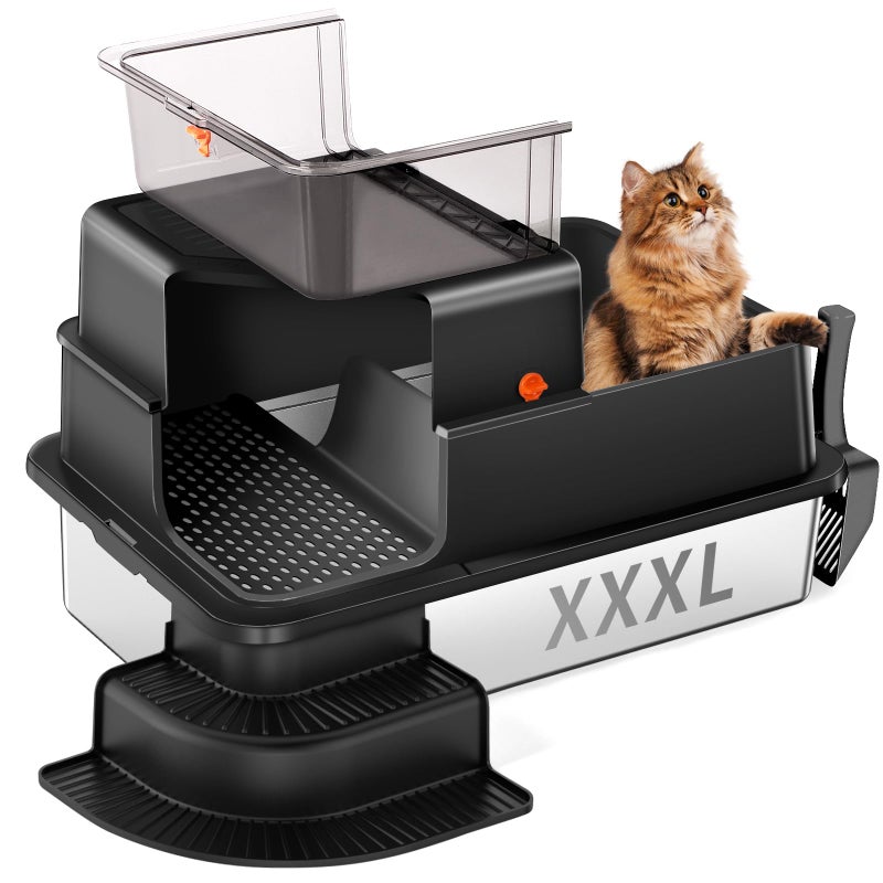 Bartuke XXXL Stainless Steel Litter Box, 28"x20"x18" Extra Large Fully Enclosed High Sided Metal Cat Litter Box with Filtered Grid, Step, Scoop, Non-Sticky, Non-Odor, Easy Cleaning (Black) - Image 1