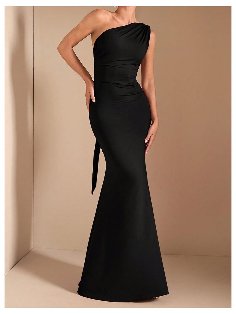 Verdusa Women's One Shoulder Maxi Formal Dresses Tie Backless Wedding Guest Dress Elegant Festival Date Night Outfits Black Large - Image 5