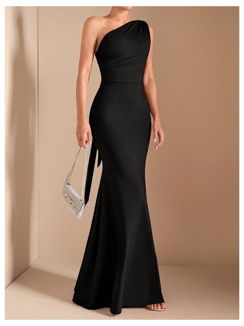 Verdusa Women's One Shoulder Maxi Formal Dresses Tie Backless Wedding Guest Dress Elegant Festival Date Night Outfits Black Large - Image 4
