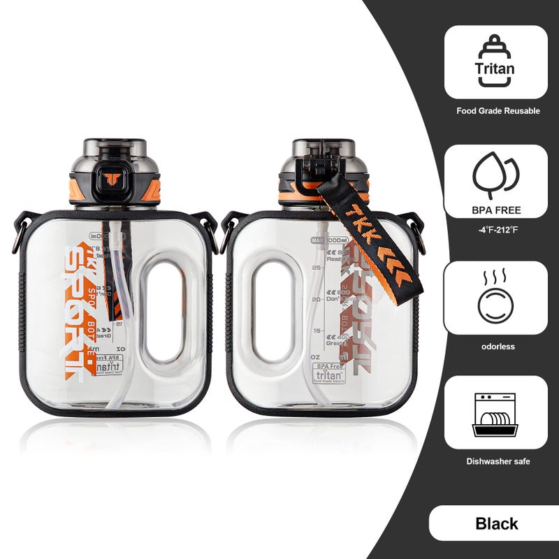 TKK 32oz Sport Water Bottle with Straw Water Jug with Straw Large Capacity Plastic Water Bottle Dishwasher Safe 1L Water Bottle Jug BPA Free Tritan for Gym Yoga Travel Camping Outdoor Black - Image 3